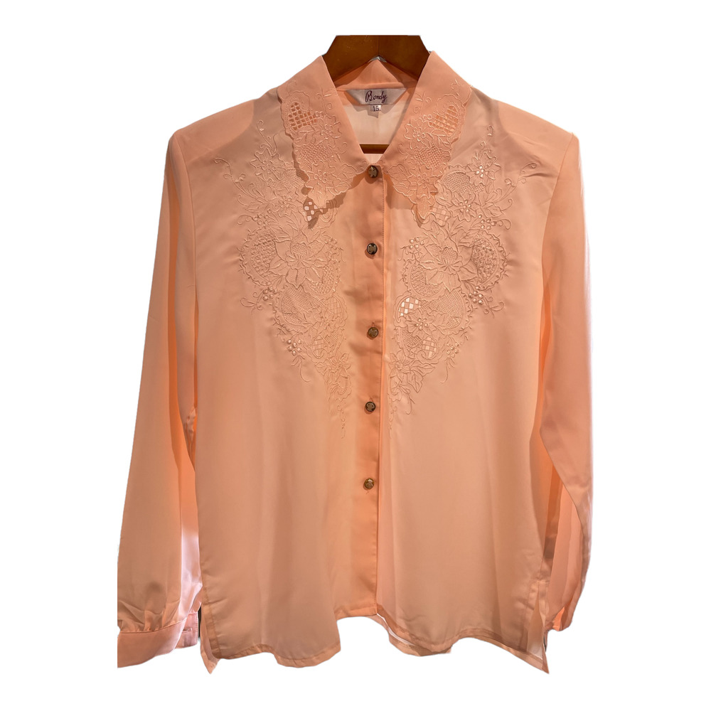 Vintage Button Up Blouse by Bondy w/ Embroidered Collar Size 15 Peach Color